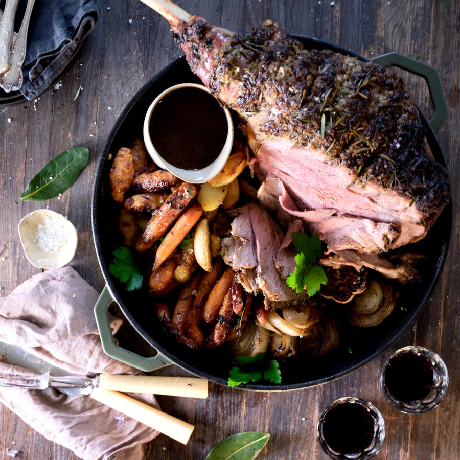 Herbed Mustard Lamb Shoulder with Red Wine & Roasted Garlic Gravy