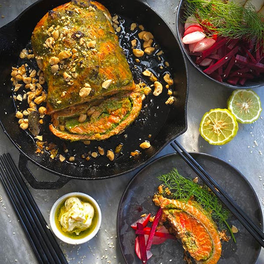 Salmon roulade cooked in the Legacy Pan, sliced and served