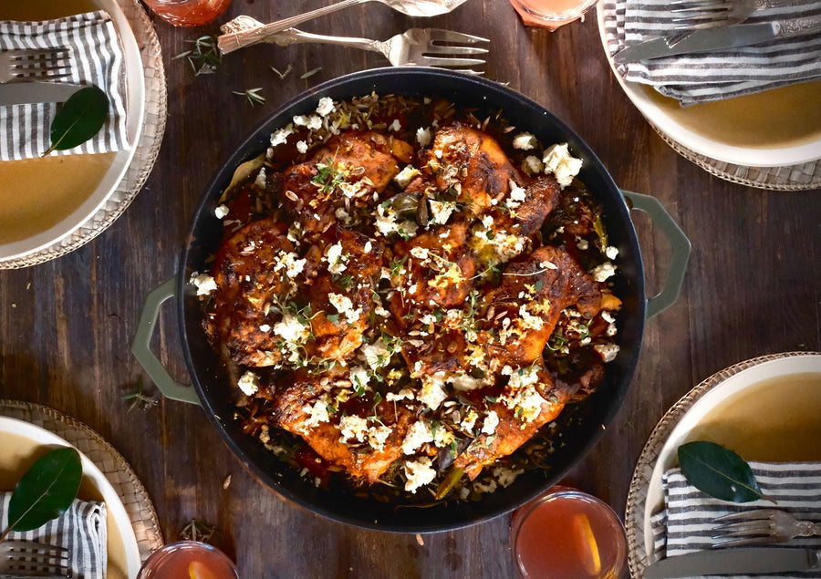 Layered Lemony Smoked Paprika Chicken with Herby Roast Potatoes & Leeks