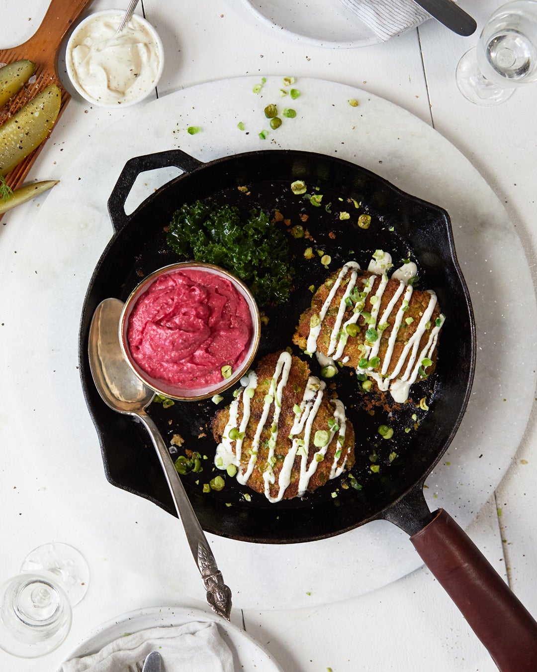 Double Crusted Wasabi Pea Flat Iron Steak with Dill Mayonnaise & Garlic Dill Pickles