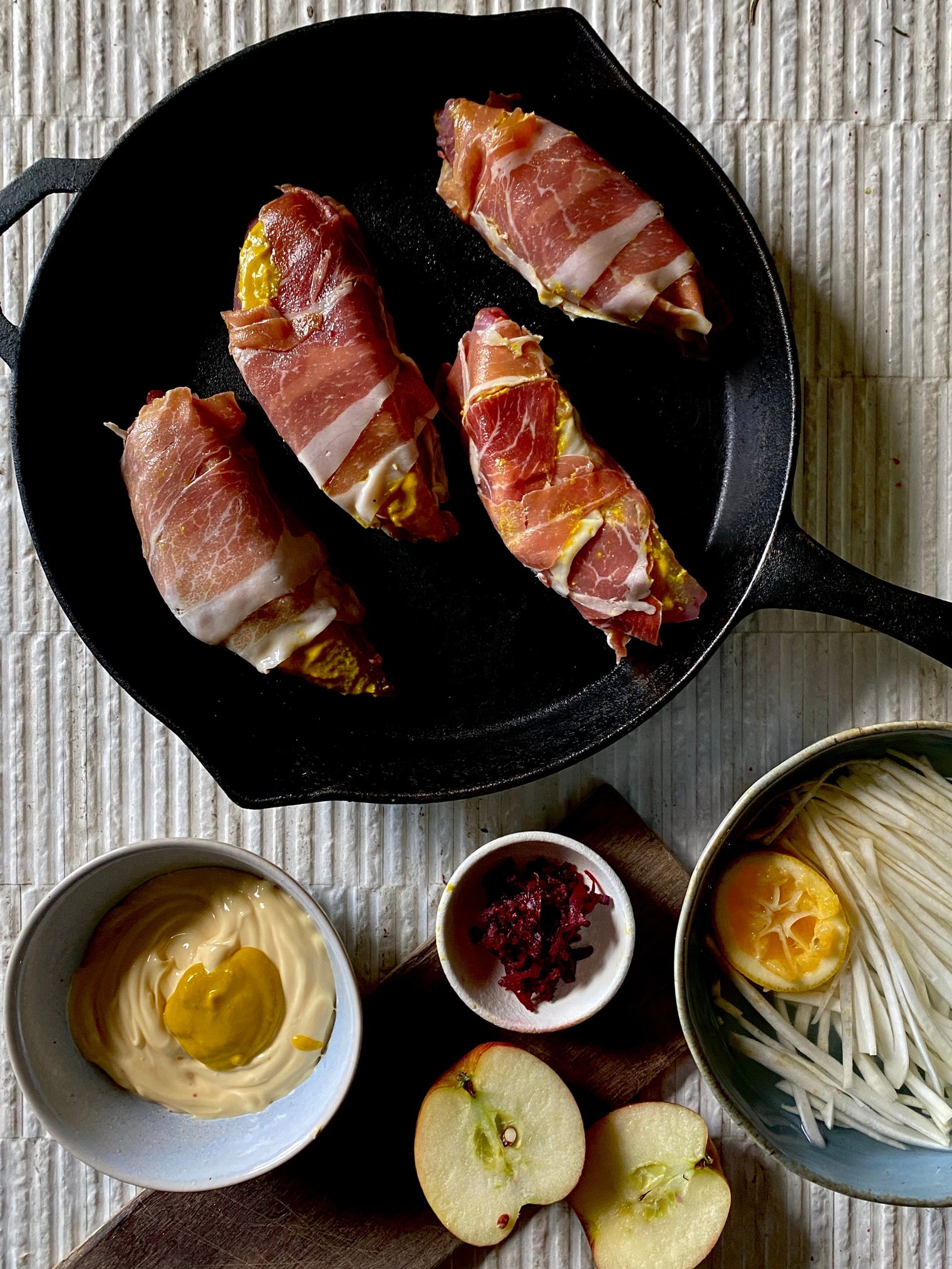 KINGFISH PROSCIUTTO PARCELS with CELERIAC APPLE AND BEETROOT REMOULADE and Al BROWNS OLD YELLA HABANERO MUSTARD THREE WAYS