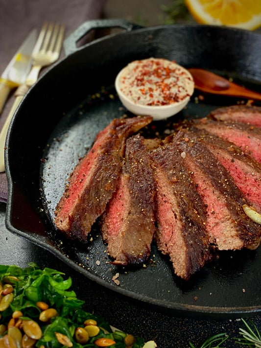 Wagyu steak in Legacy Pan with Horseradish and spicy pickle