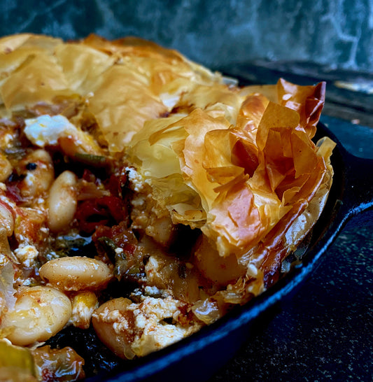 Roasted tomato, leek and white bean baklava