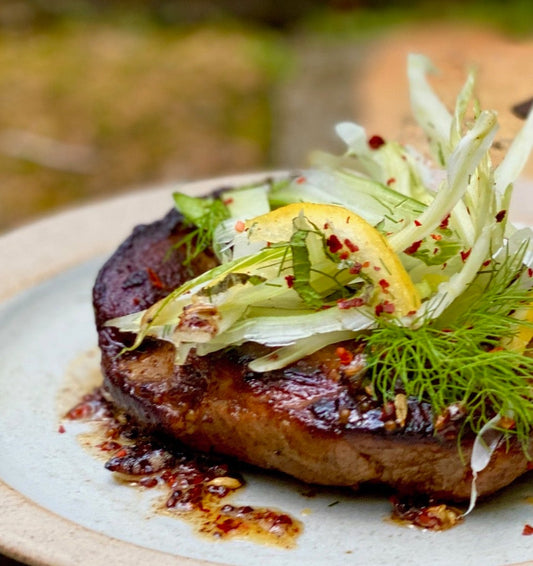 MOREISH LAMB LEG STEAKS in a BURNT BUTTER,  MUSTARD AND GARLIC SAUCE with FENNEL, MINT and PRESERVED LEMON SALSA