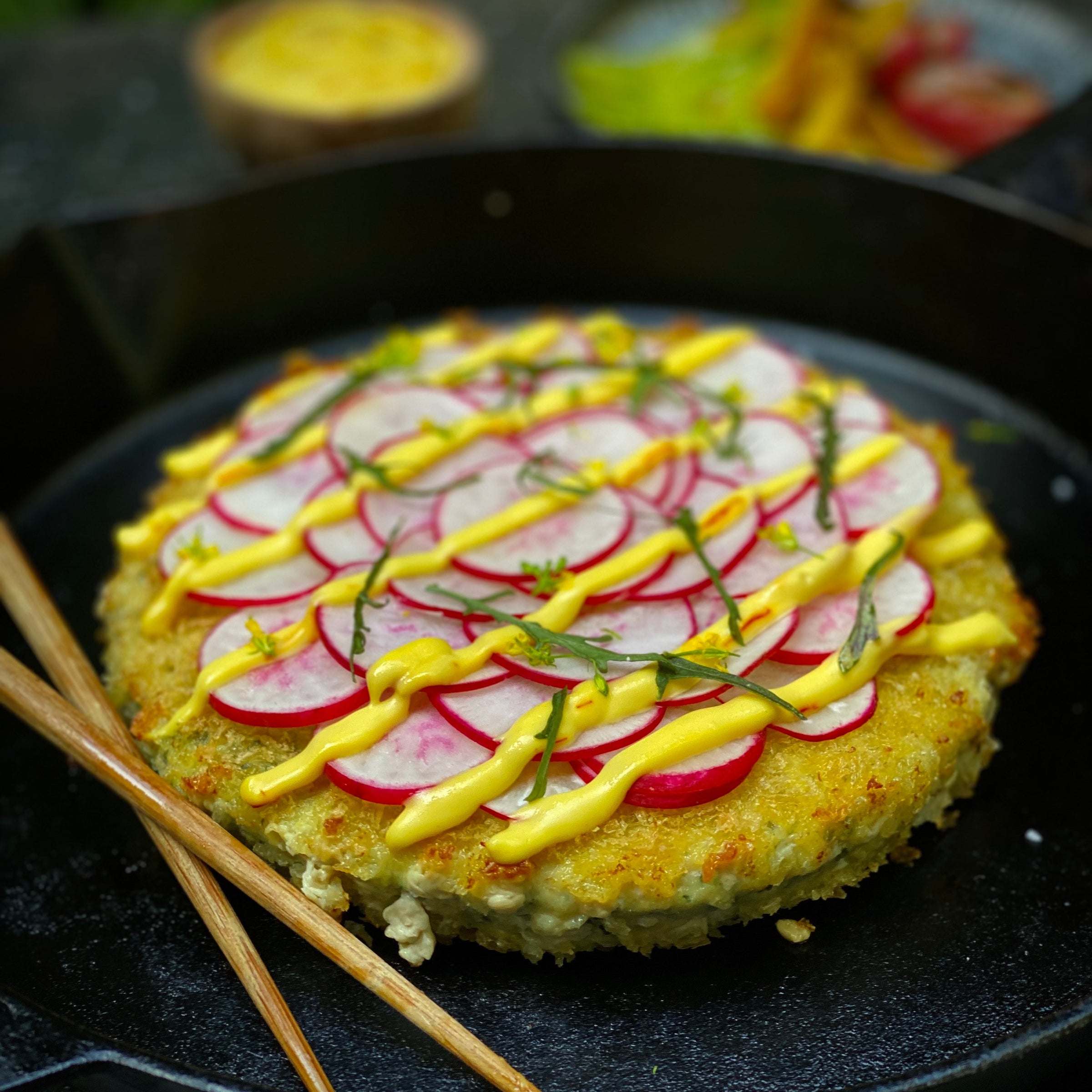 Monster Kingfish Cake with Saffron Sesame Mayonnaise and Roasted Golden Beet and Radish Salad