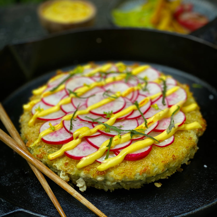 Monster Kingfish Cake with Saffron Sesame Mayonnaise and Roasted Golden Beet and Radish Salad
