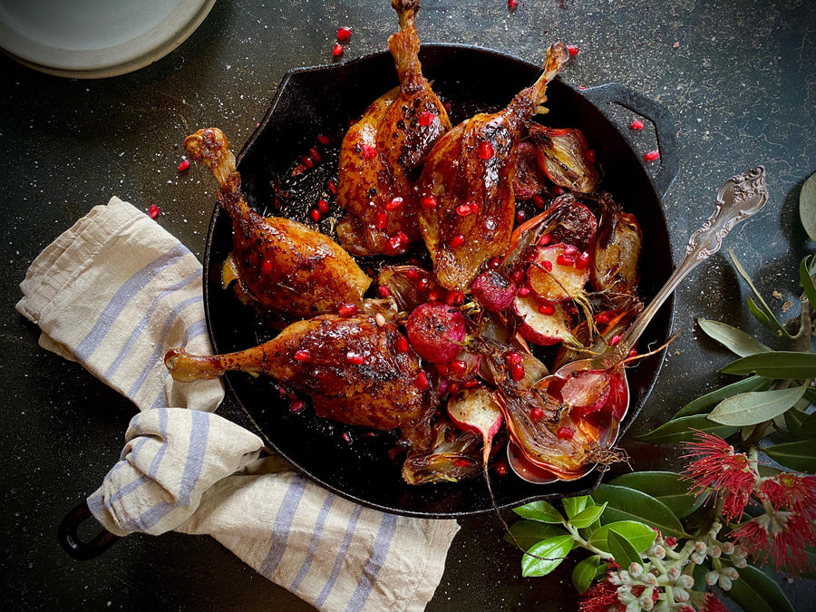 Sabato Confit Duck with Roasted Radish, Shallots and Star Anise and a Pomegranate Molasses Jus
