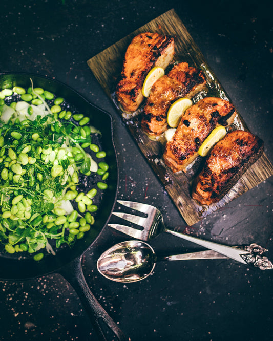 CRISPY SALMON WITH HERBY WHITE MISO SAUCE AND SESAME MAYONNAISE