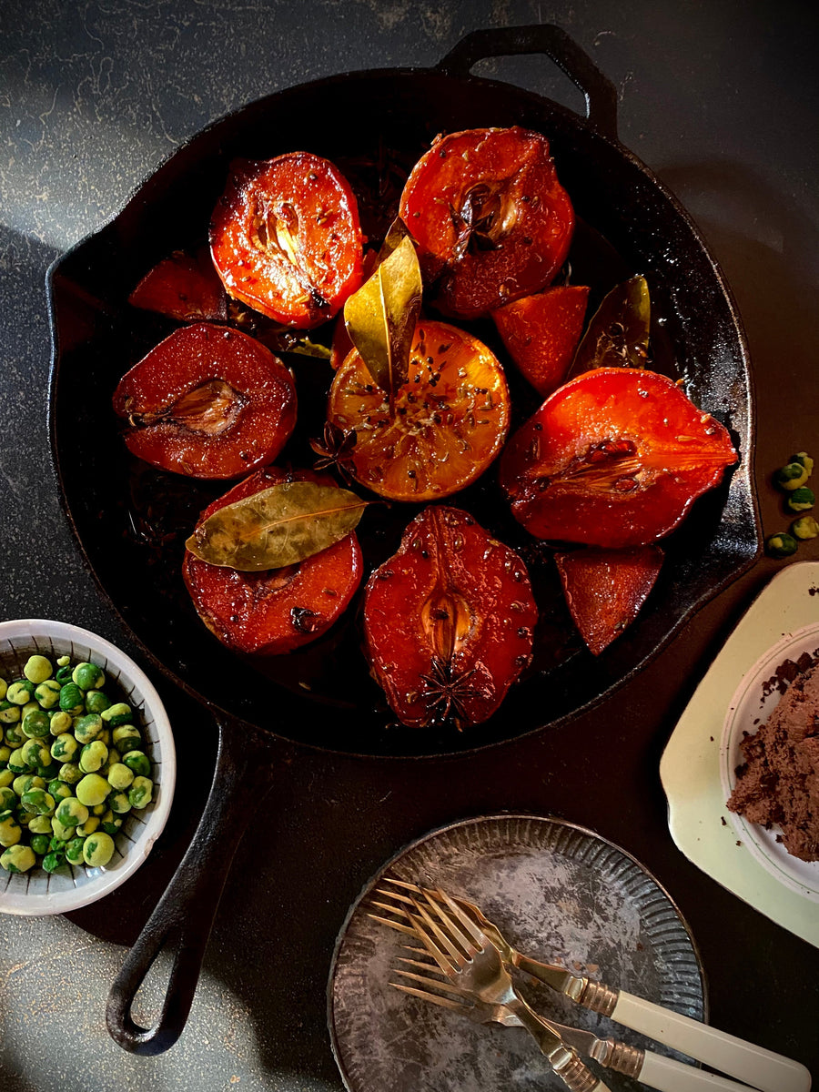 Ironclad Slow Roast Spiced Quince with Cardamon and Orange Chocolate Mousse and Crushed Wasabi Peas