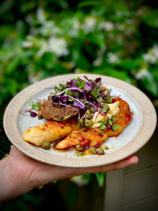 BLUE COD WITH THAI PāUA FRITTERS and LIME LEAF AND CAPER TARTARE SAUCE