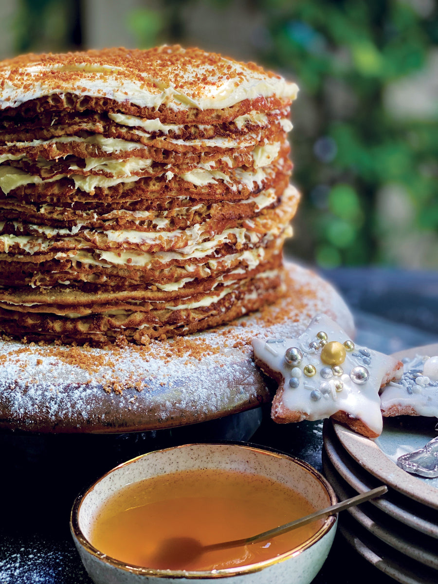 Lil’ Legacy Spiced Gingernut Christmas Crepe Cake with Kombucha, Orange & Grand Marnier Syrup (Gf)