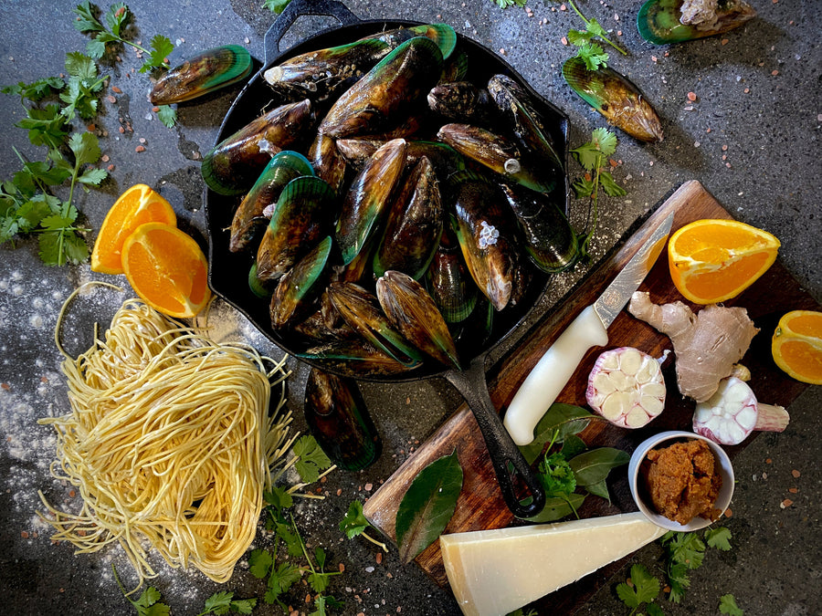 Umami Mussel Spaghetti, Miso, Orange & Ginger Broth