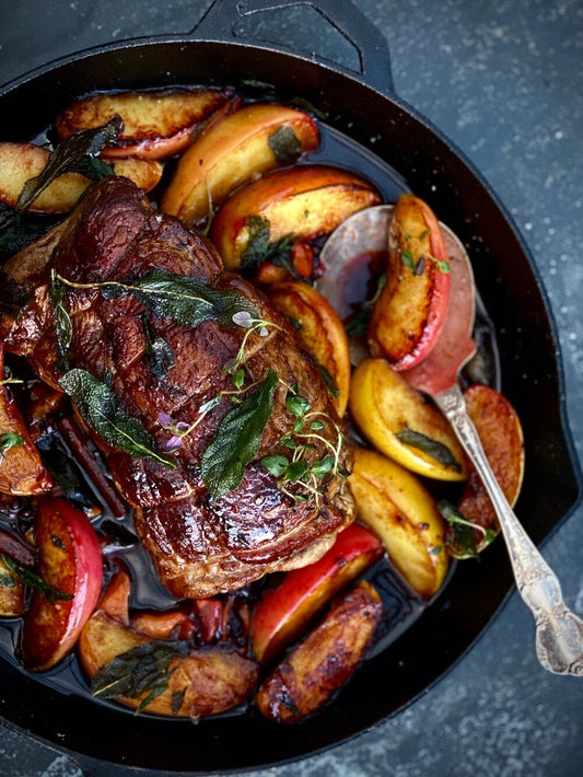 MOREISH PORK SCOTCH ROAST WITH APPLES, TAMARILLOS & SAGE