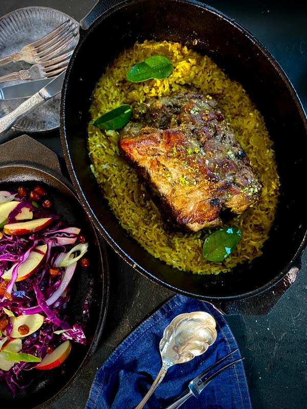 Rolled pork loin with makrut lime leaf served in Dutch Oven