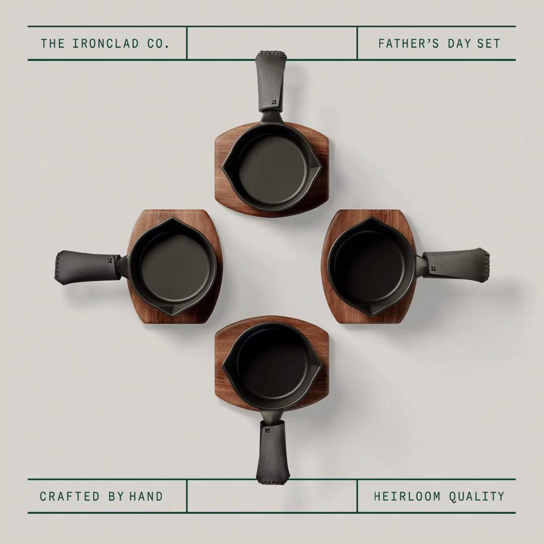 Father's Day Junior Four Set. Handcrafted 10cm Cast Iron Pans, Boards, Snugs