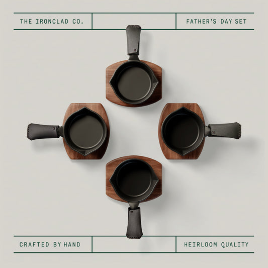 Father's Day Junior Four Set. Handcrafted 10cm Cast Iron Pans, Boards, Snugs