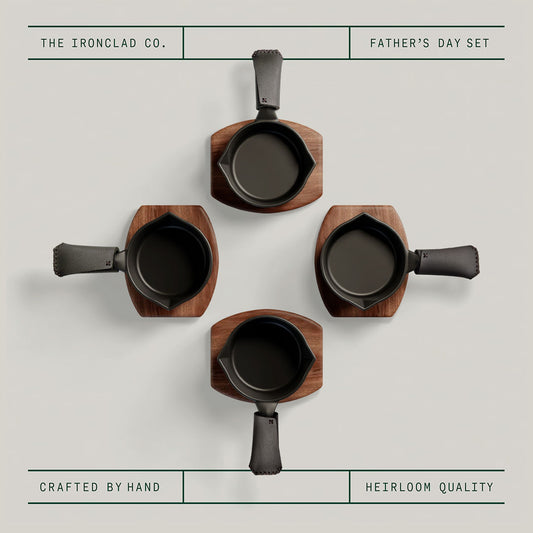 Father's Day Junior Four Set. Handcrafted 10cm Cast Iron Pans, Boards, Snugs