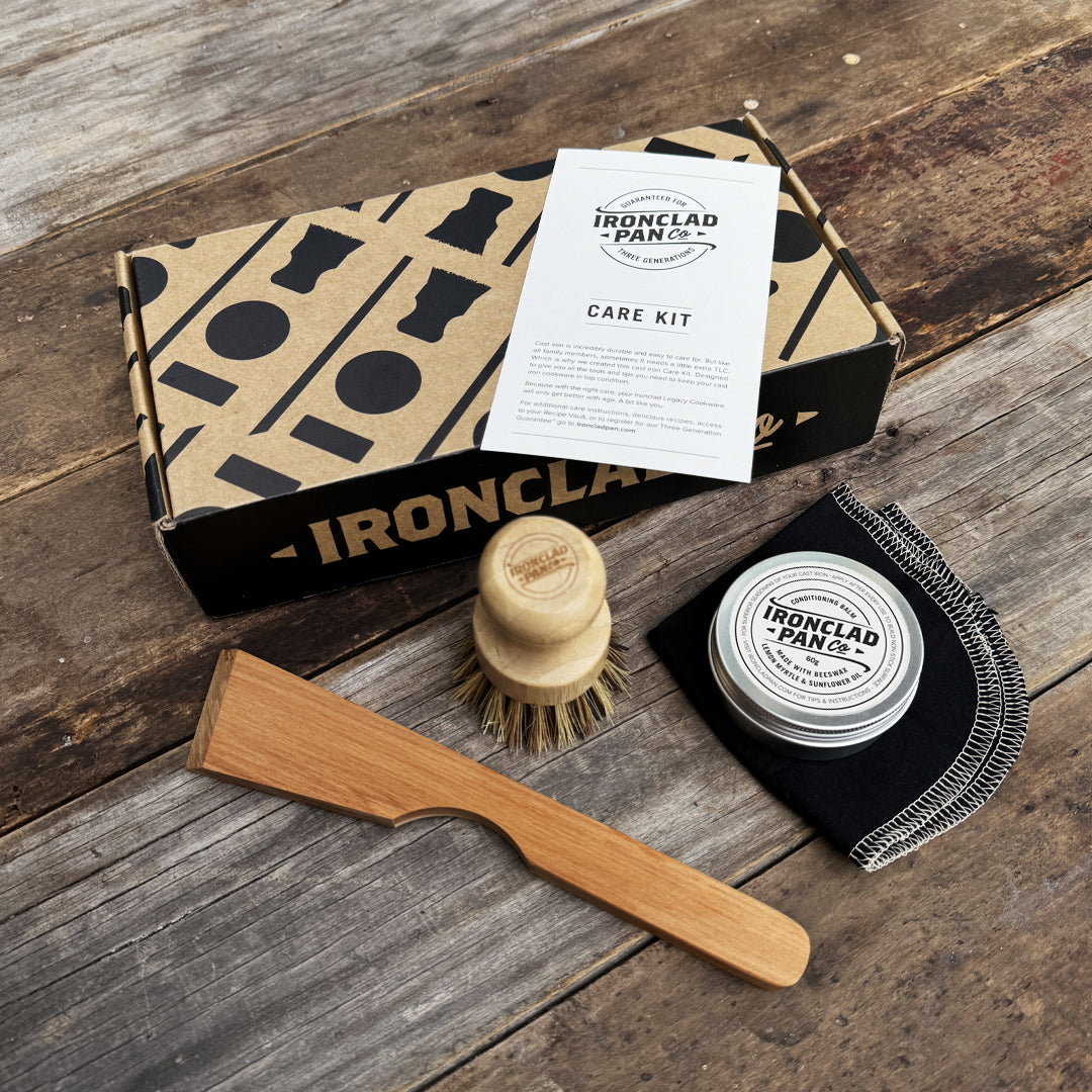 The Cast Iron Care Kit by Ironclad Co. Handcrafted Spatula, Balm, Brush, Cloth