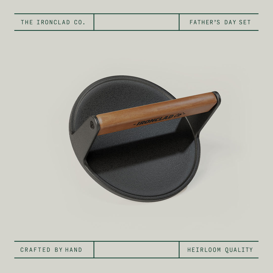 Father's Day Burger Press by Ironclad Co. Handcrafted 18cm Cast Iron Burger Smash