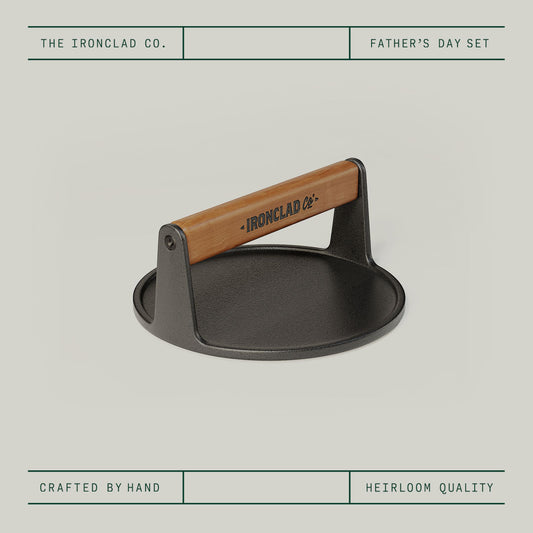 Father's Day Burger Press by Ironclad Co. Handcrafted 18cm Cast Iron Burger Smash