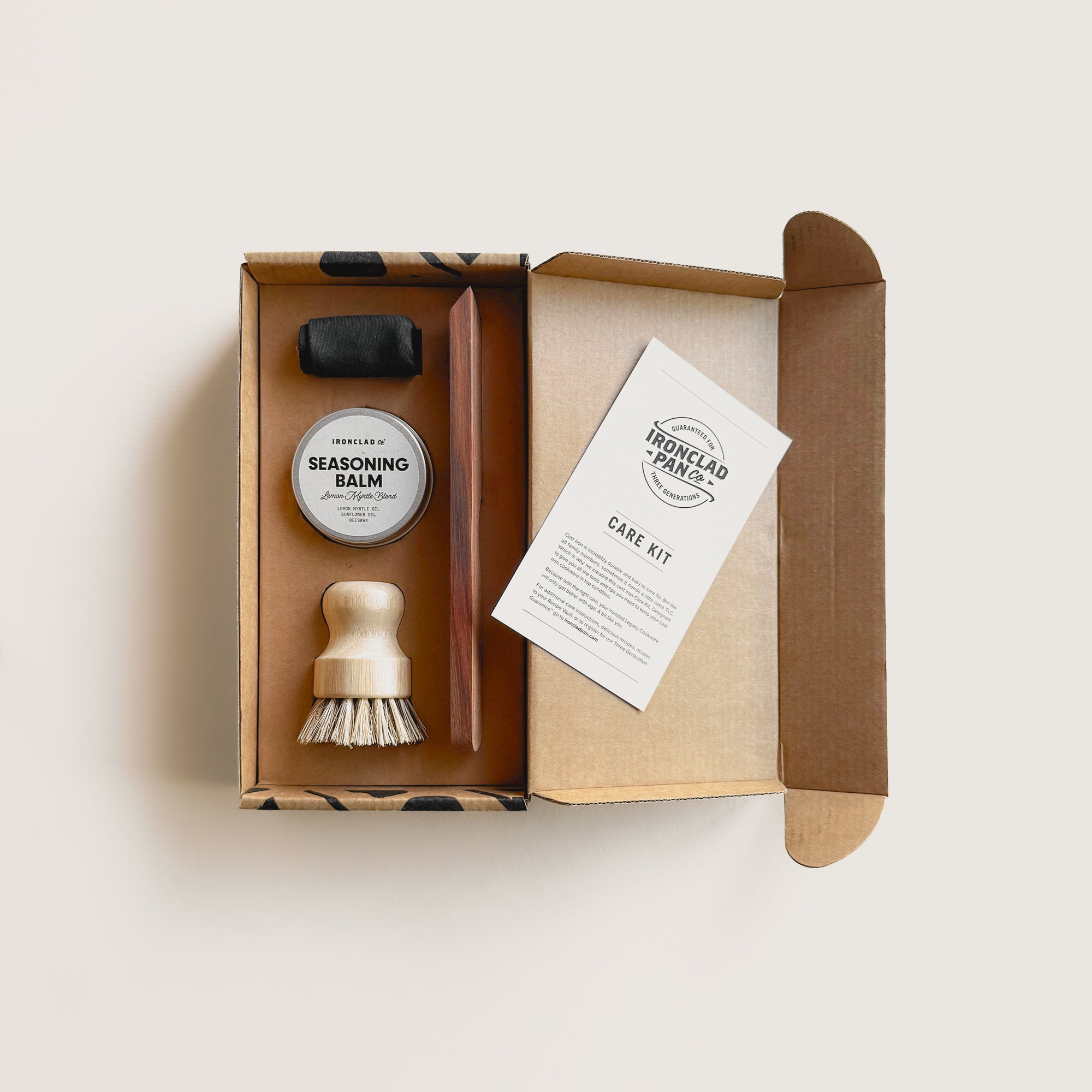 The Cast Iron Care Kit. Handcrafted Spatula, Balm, Brush, Cloth